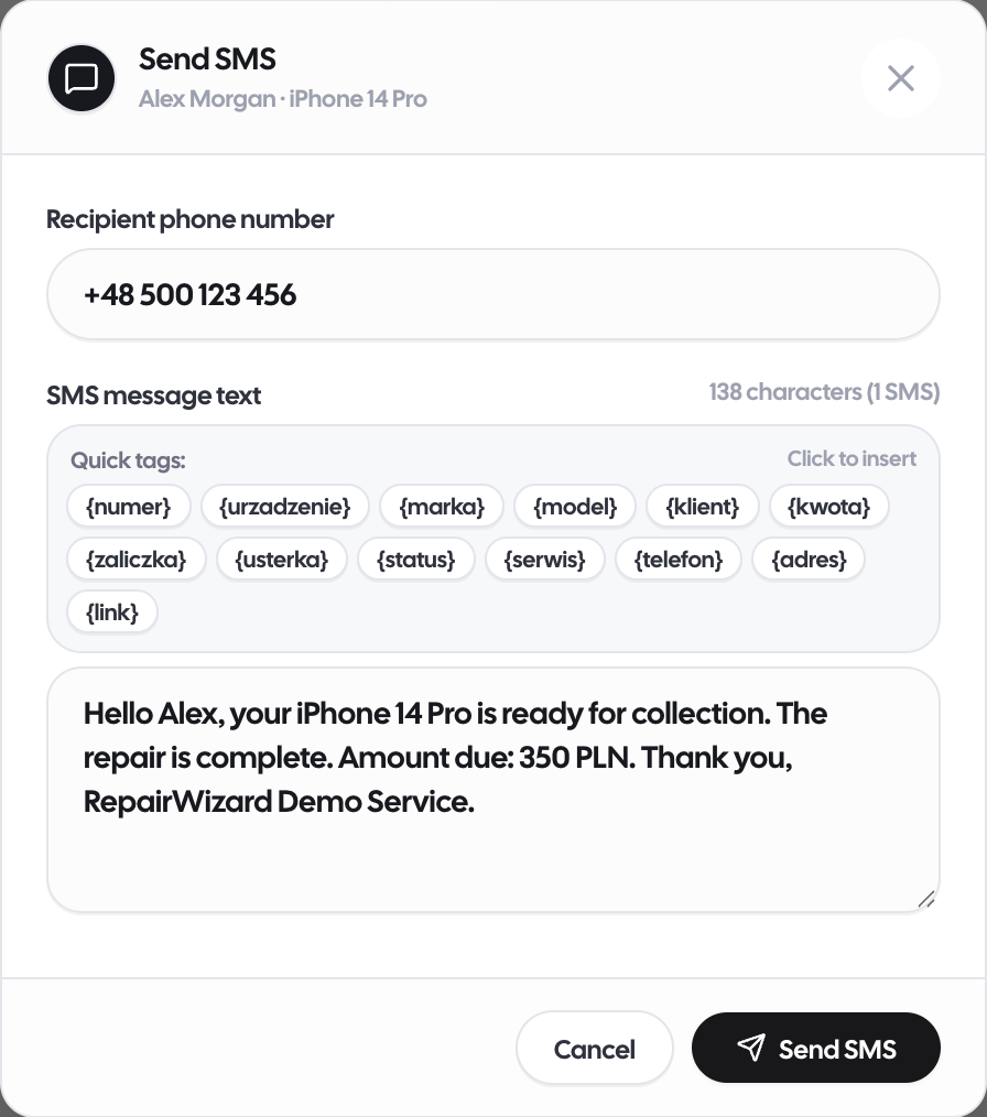 Powiadomienia SMS z RepairWizard