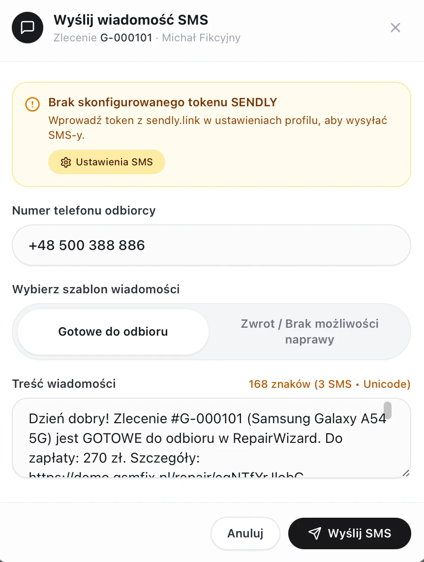 Powiadomienia SMS o statusie gotowości naprawy do odbioru